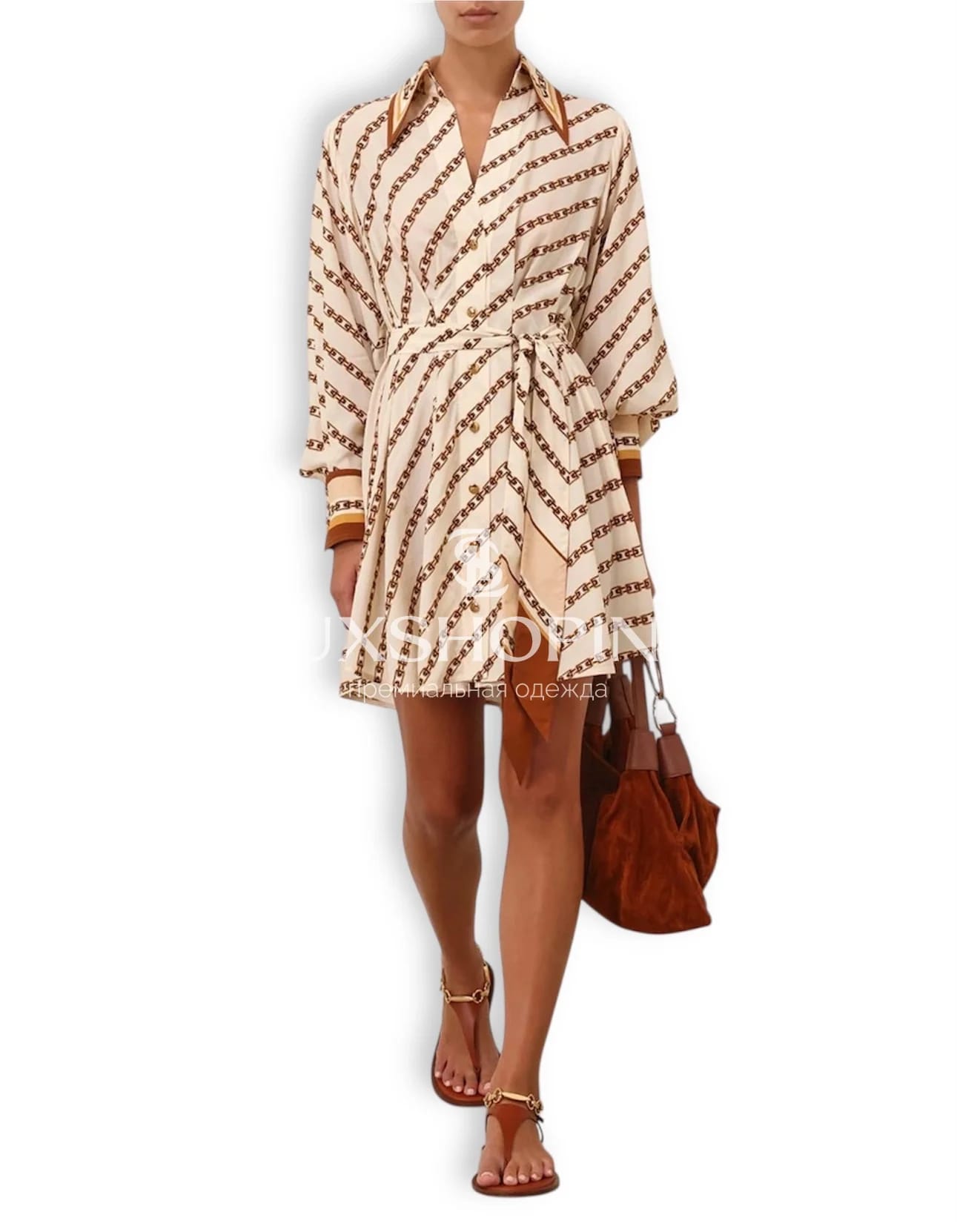 ZIMMERMANN – кремовое Платье-рубашка Tuck Mini Shirt Dress с принтом цепей