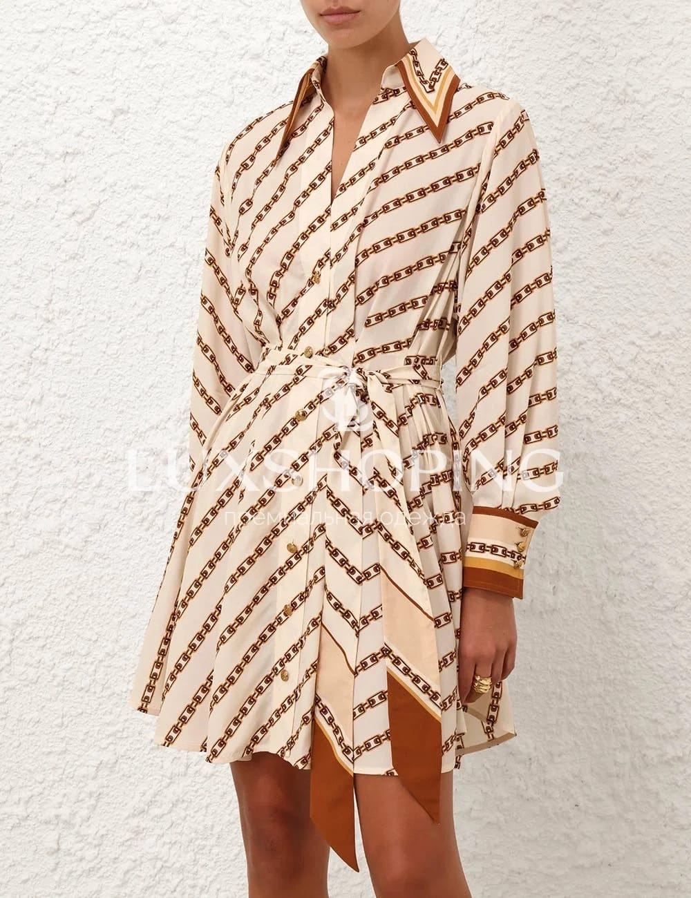 ZIMMERMANN – кремовое Платье-рубашка Tuck Mini Shirt Dress с принтом цепей - фото 3