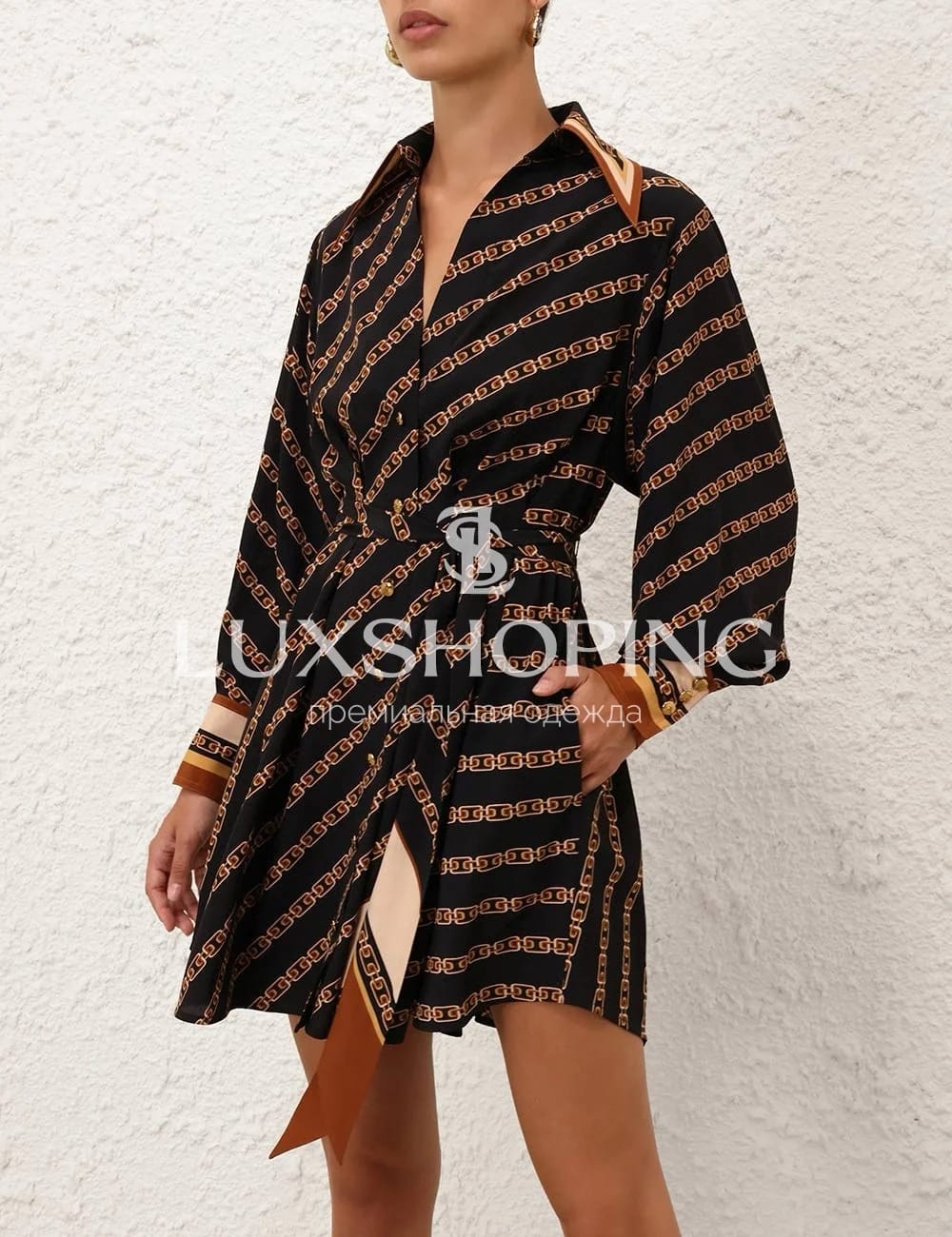 ZIMMERMANN –  черное Платье-рубашка Tuck Mini Shirt Dress с принтом цепей - фото 5