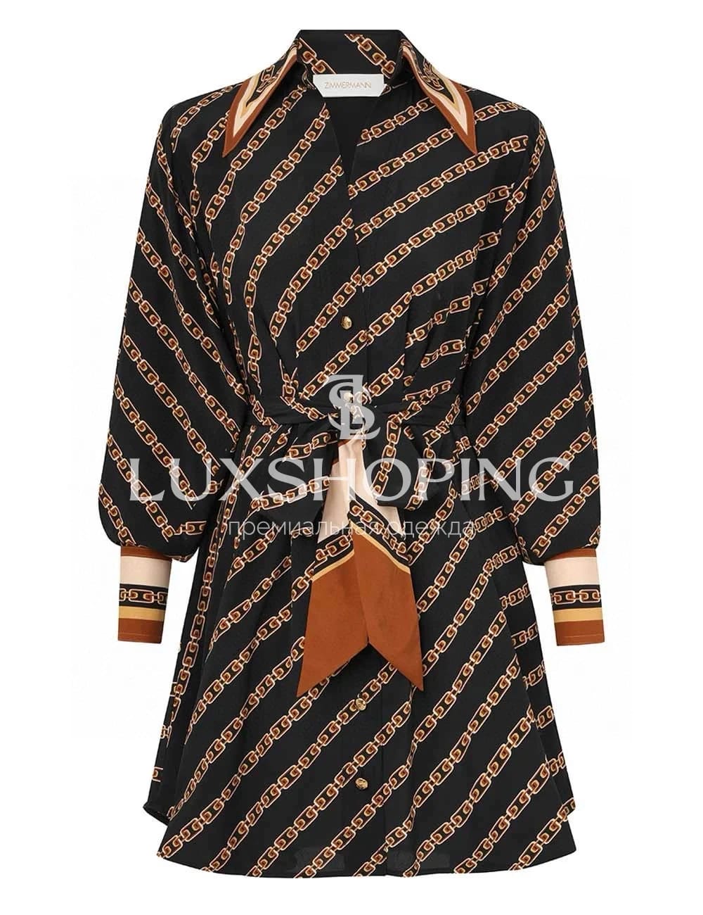ZIMMERMANN –  черное Платье-рубашка Tuck Mini Shirt Dress с принтом цепей - фото 6