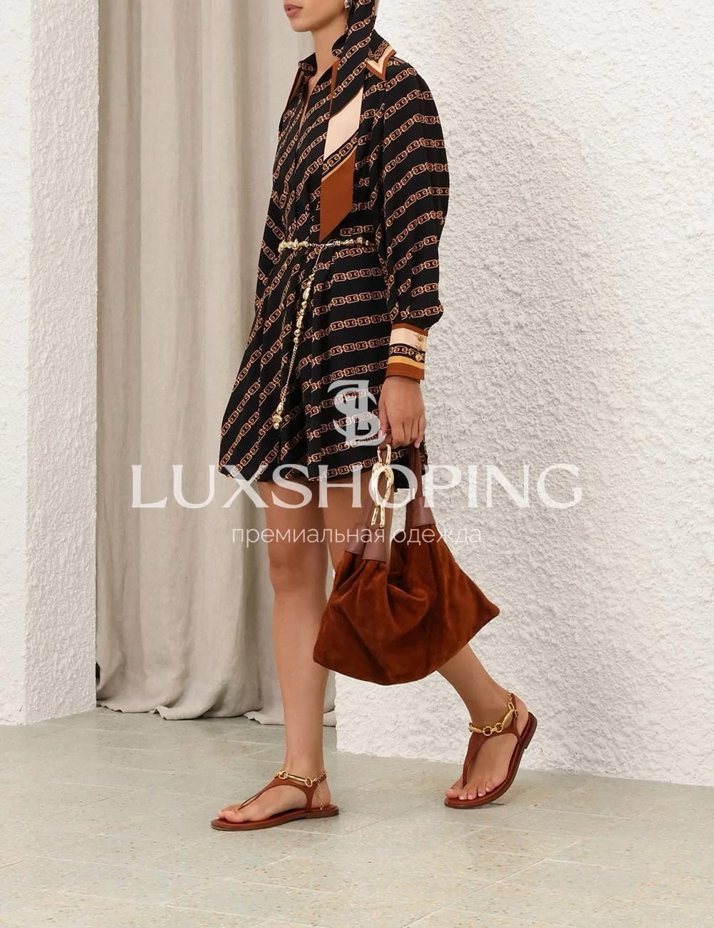 ZIMMERMANN –  черное Платье-рубашка Tuck Mini Shirt Dress с принтом цепей - фото 8