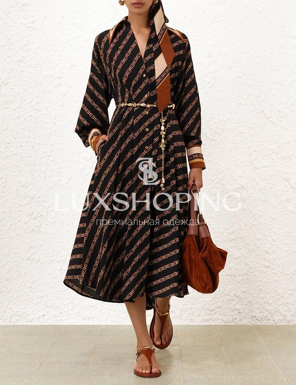 Zimmermann Tuck Midi Shirt Dress – Черное Платье-рубашка миди с цепочным принтом - фото 2