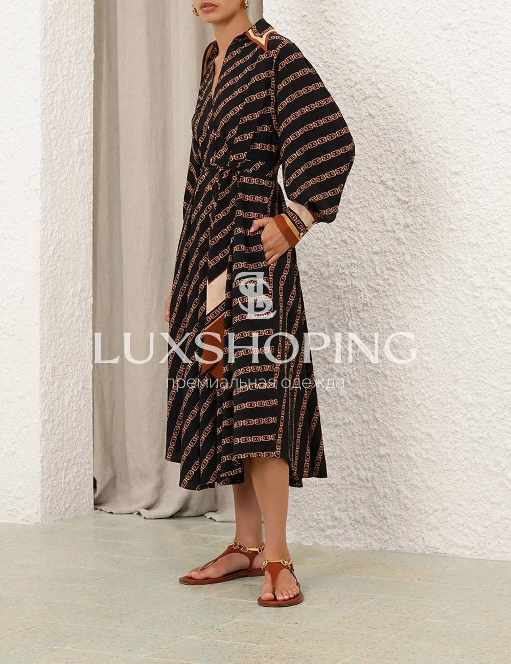 Zimmermann Tuck Midi Shirt Dress – Черное Платье-рубашка миди с цепочным принтом - фото 3