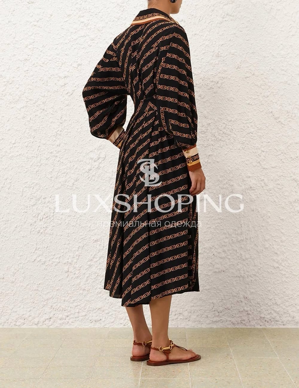 Zimmermann Tuck Midi Shirt Dress – Черное Платье-рубашка миди с цепочным принтом - фото 4