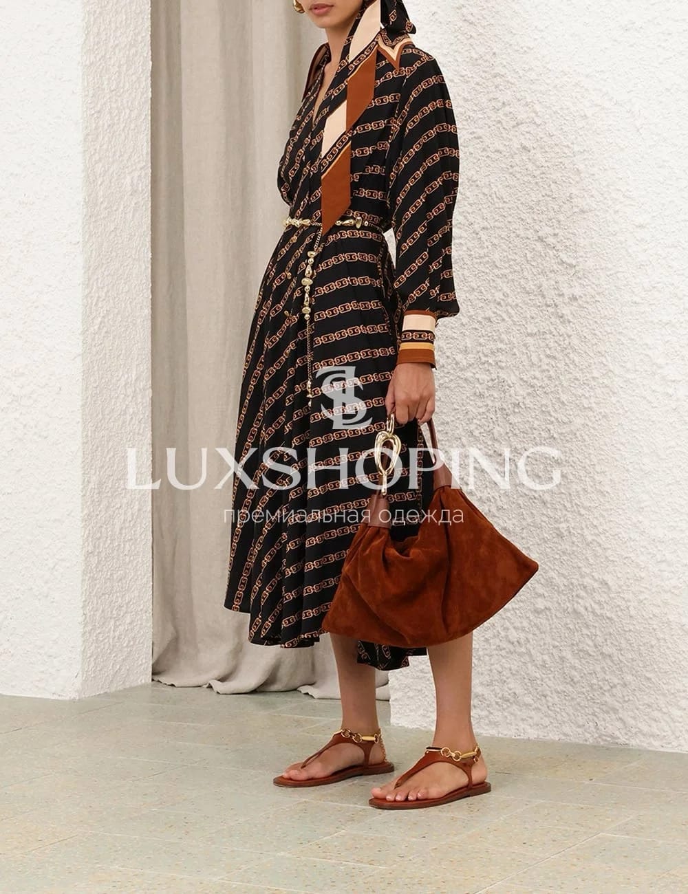 Zimmermann Tuck Midi Shirt Dress – Черное Платье-рубашка миди с цепочным принтом - фото 5