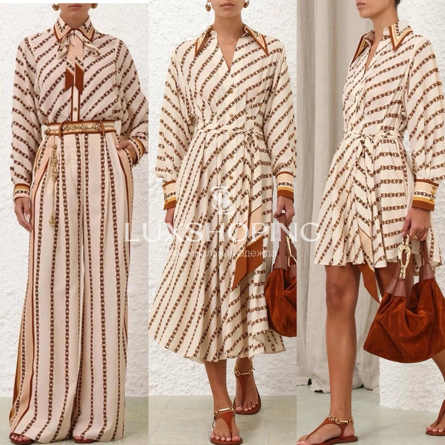 Комплект Zimmermann "Cream Chain" – шелковые рубашка и широкие брюки - фото 11
