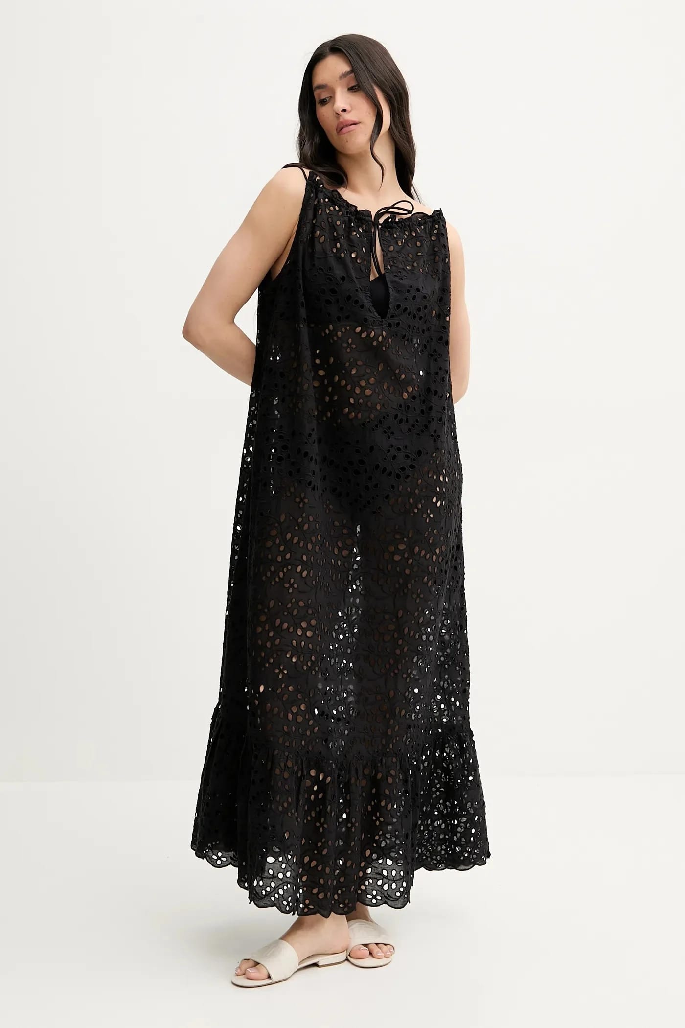 Хлопковое пляжное платье черное - фото 2