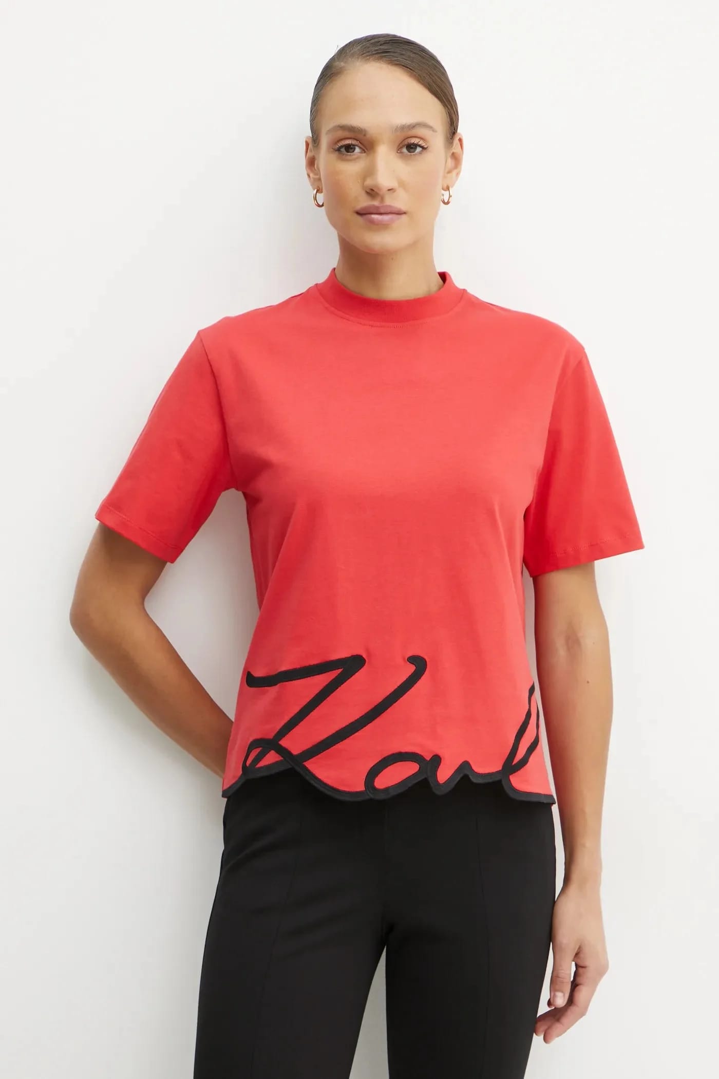 Хлопковая футболка KARL SIGNATURE красная для женщин