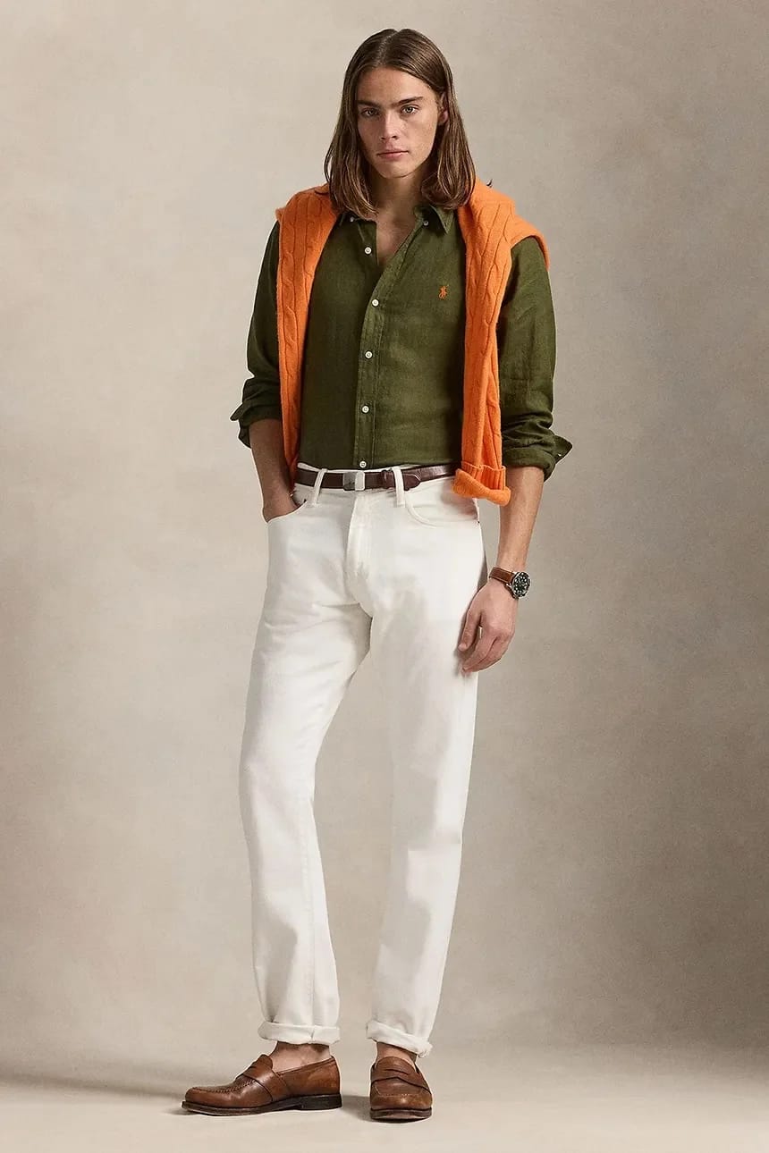 Льняная рубашка Sport Shirt с длинным рукавом зеленая для мужчин - фото 3