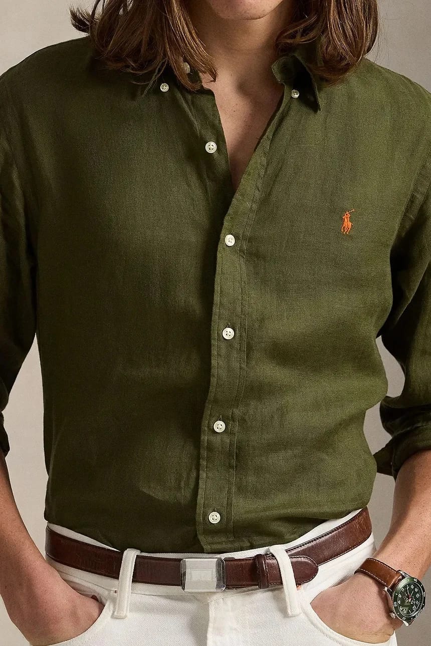 Льняная рубашка Sport Shirt с длинным рукавом зеленая для мужчин - фото 4