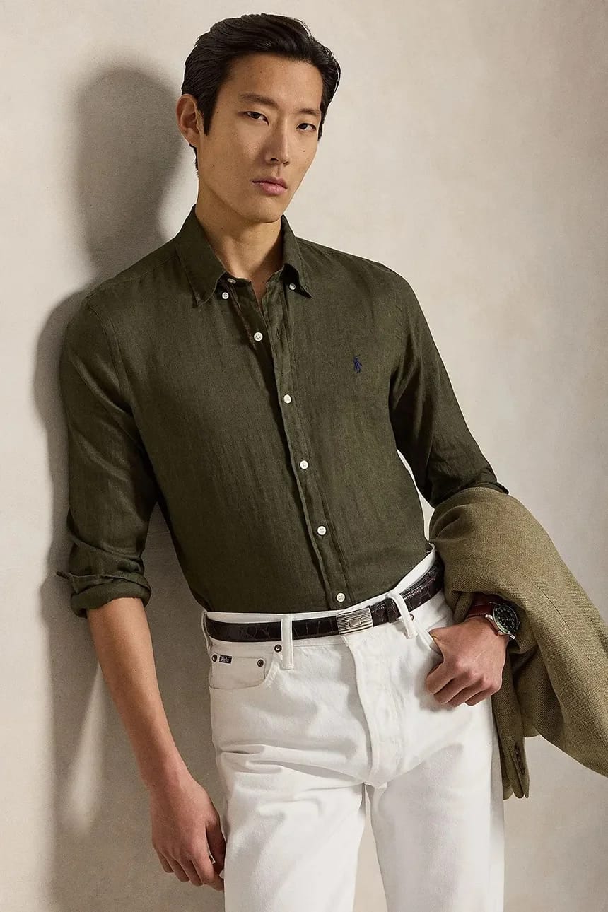 Льняная рубашка Sport Shirt с длинным рукавом коричневая для мужчин