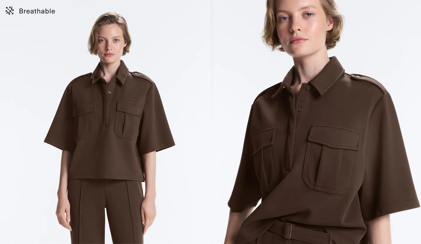 Тонкий Total Look с заниженной талией, из хлопка пике, коричневого цвета. - фото 4