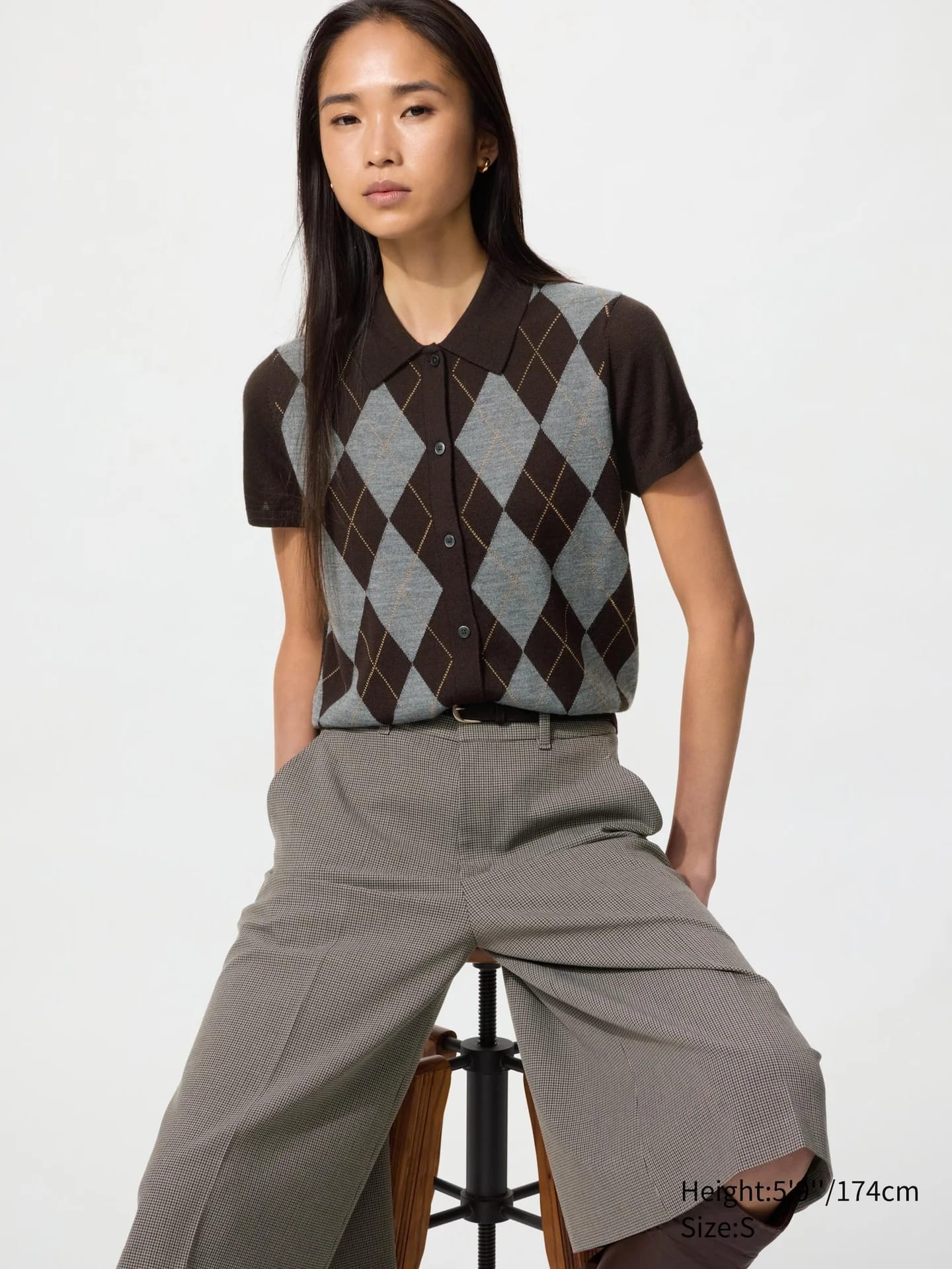 Merinowollmix Strickjacke (Polokragen, Kurzarm, kariert) - фото 2