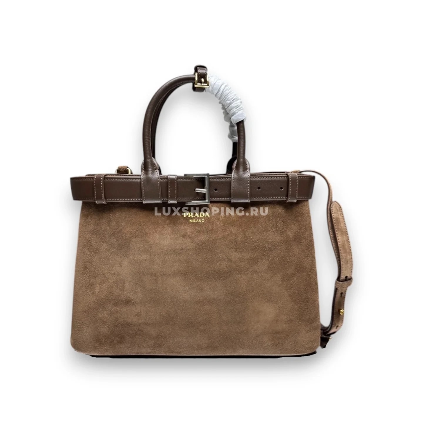 Сумка Prada Buckle коричневая из замши с ремешком 32×23×11 см