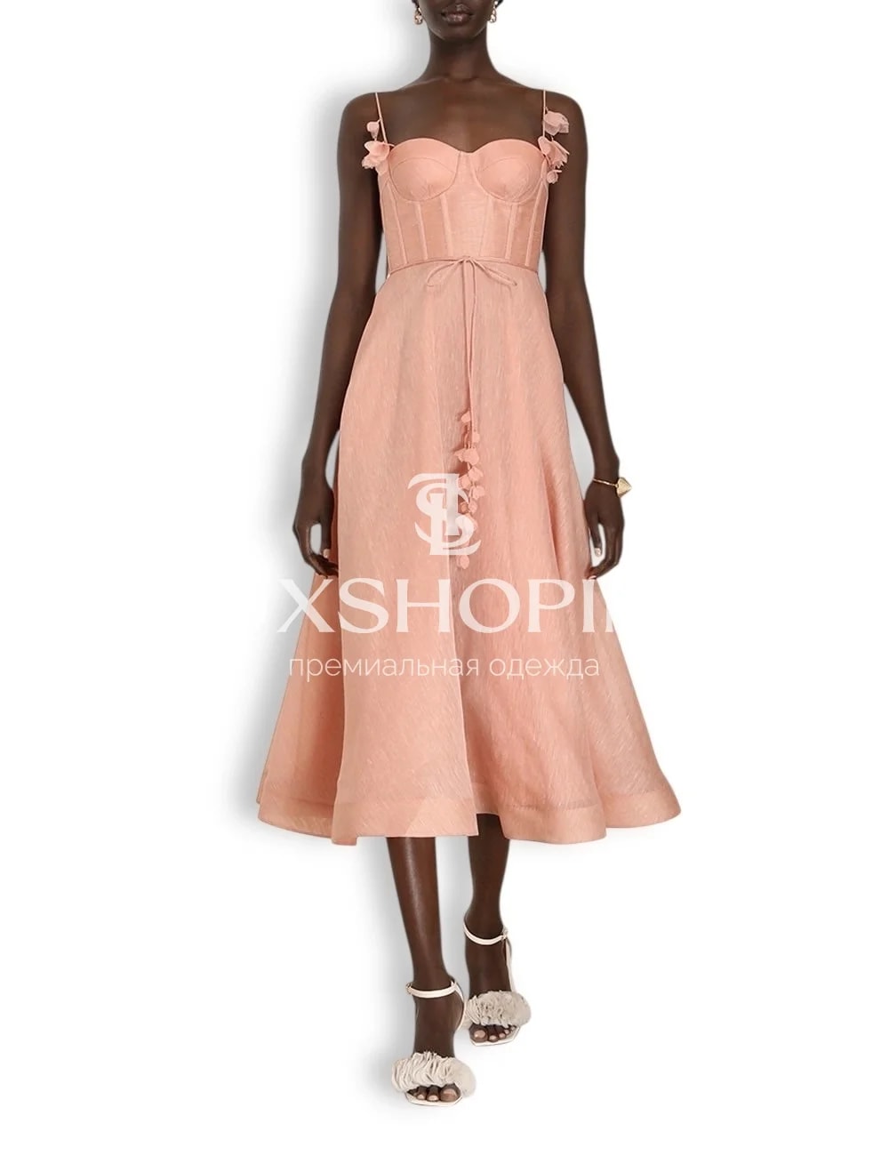 Платье Zimmermann "Natura Corset Dress" — персиковое миди из льна и шелка с корсетным лифом
