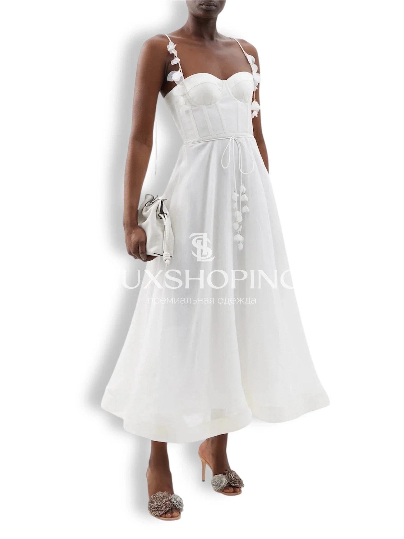 Платье Zimmermann "Natura Corset Dress" — белоснежное миди из льна и шелка с корсетным лифом