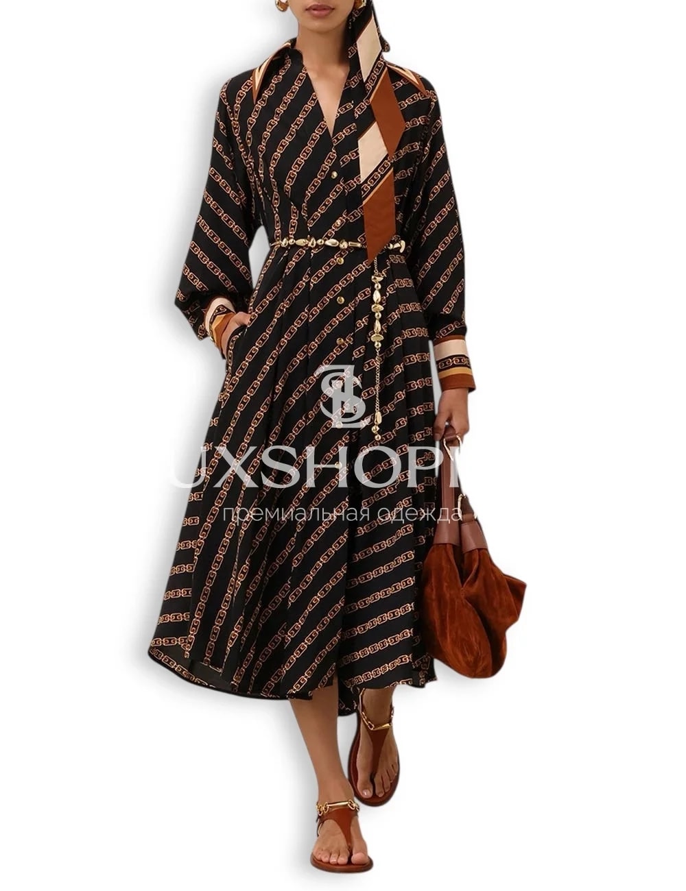 Zimmermann Tuck Midi Shirt Dress – Черное Платье-рубашка миди с цепочным принтом