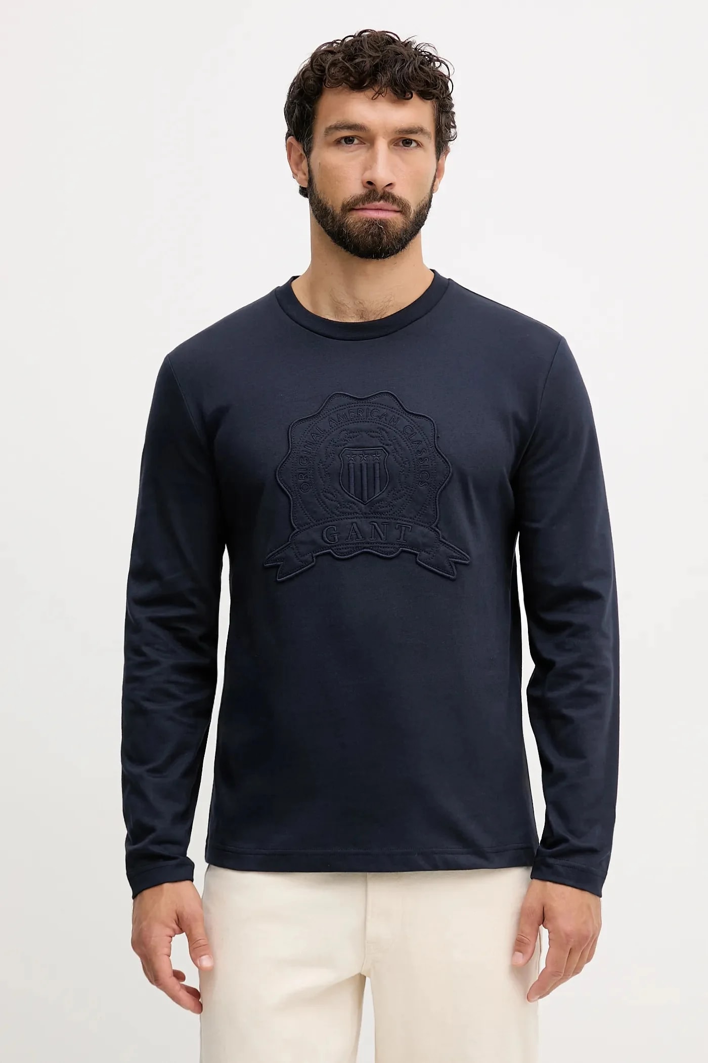Хлопковая рубашка с длинным рукавом военно-морской для мужчин