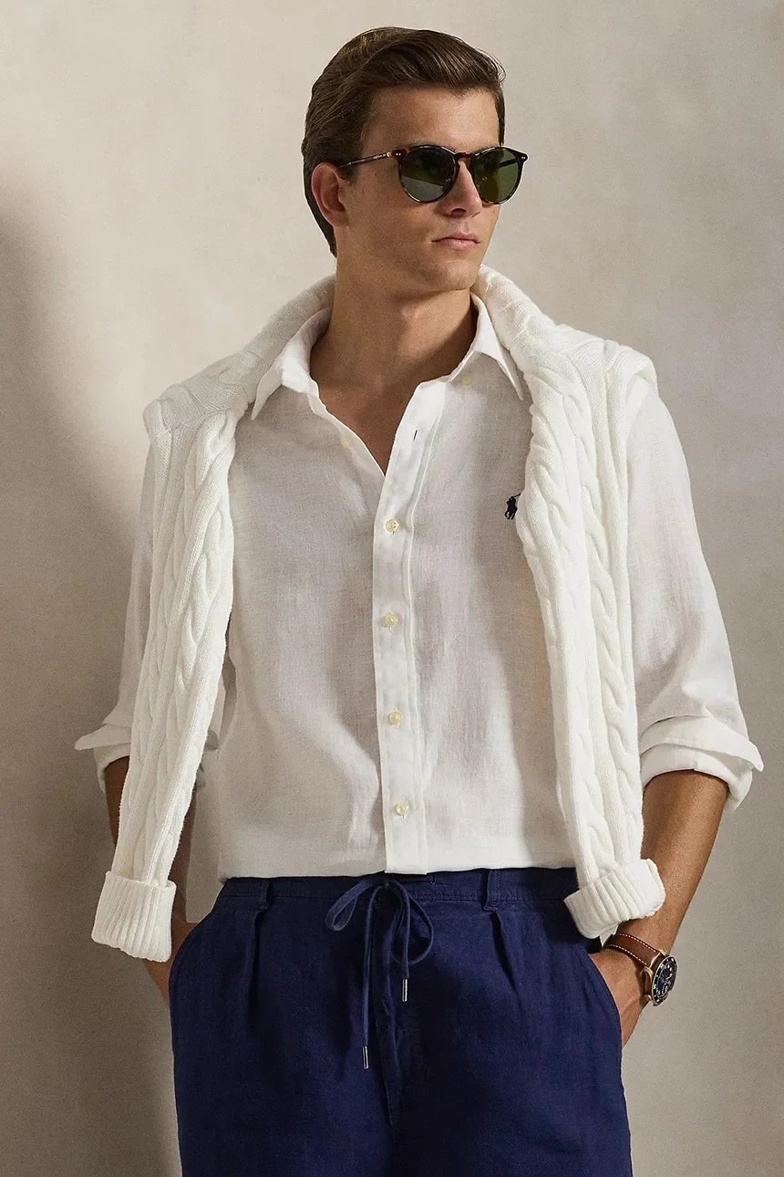Льняная рубашка Sport Shirt с длинным рукавом белая для мужчин
