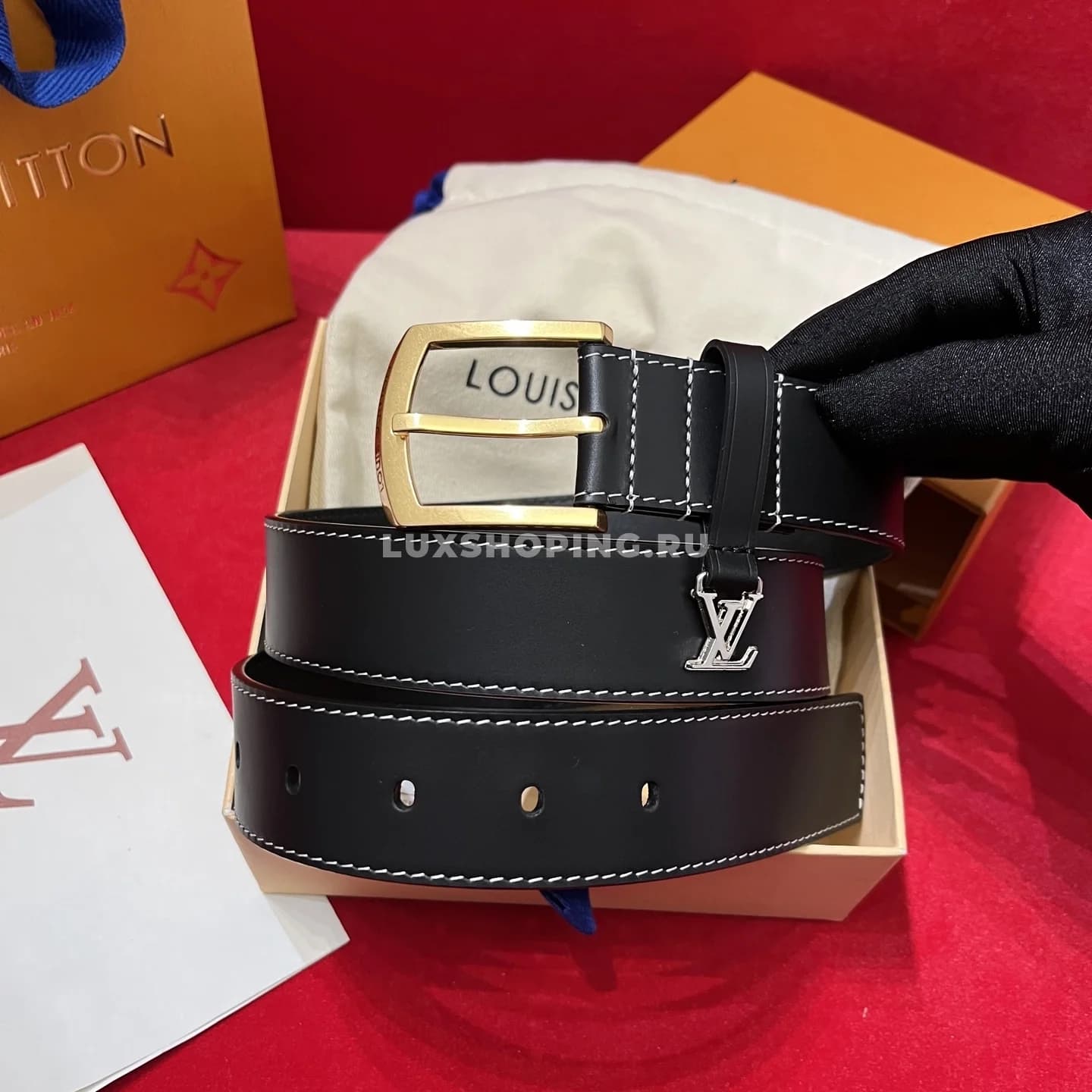 Мужской ремень Louis Vuitton 3.5см, черный gold