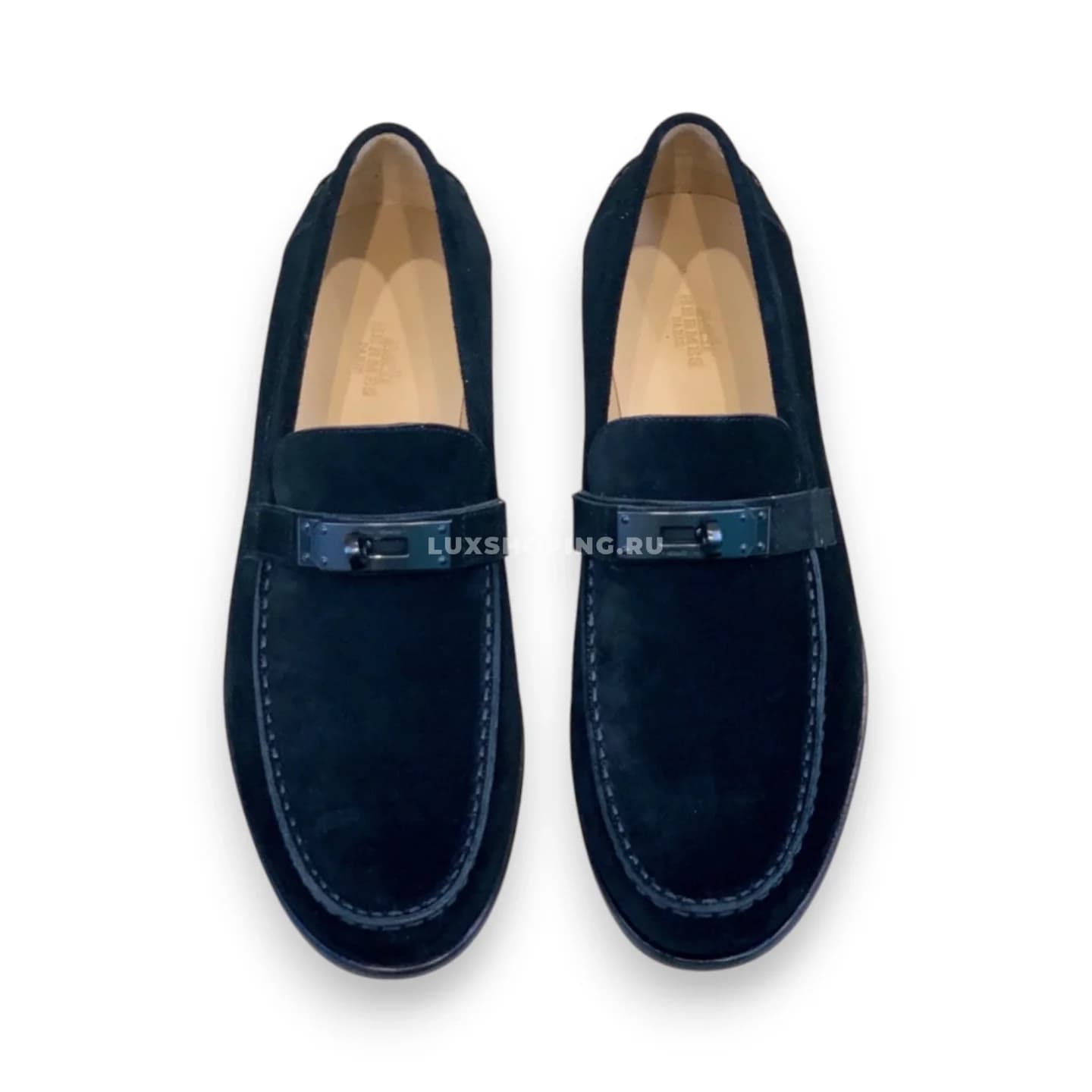 Мокасины Hermes замшевые с классической пряжкой синие