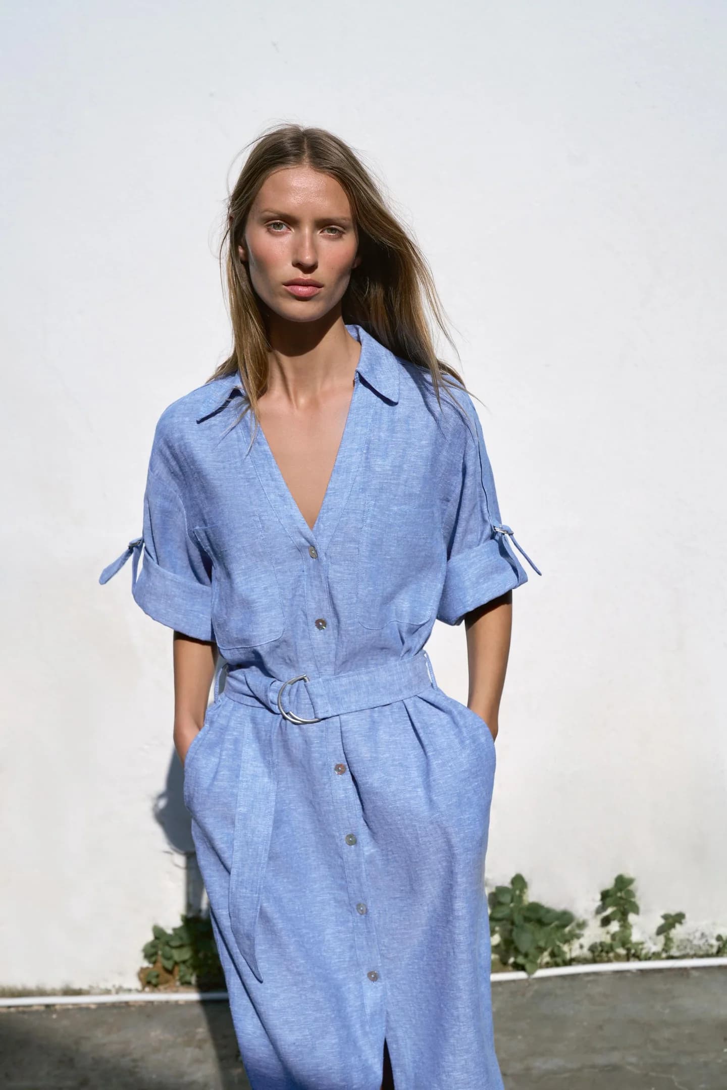 ПЛАТЬЕ МИДИ С ЛЬНЯНЫМ ПОЯСОМ