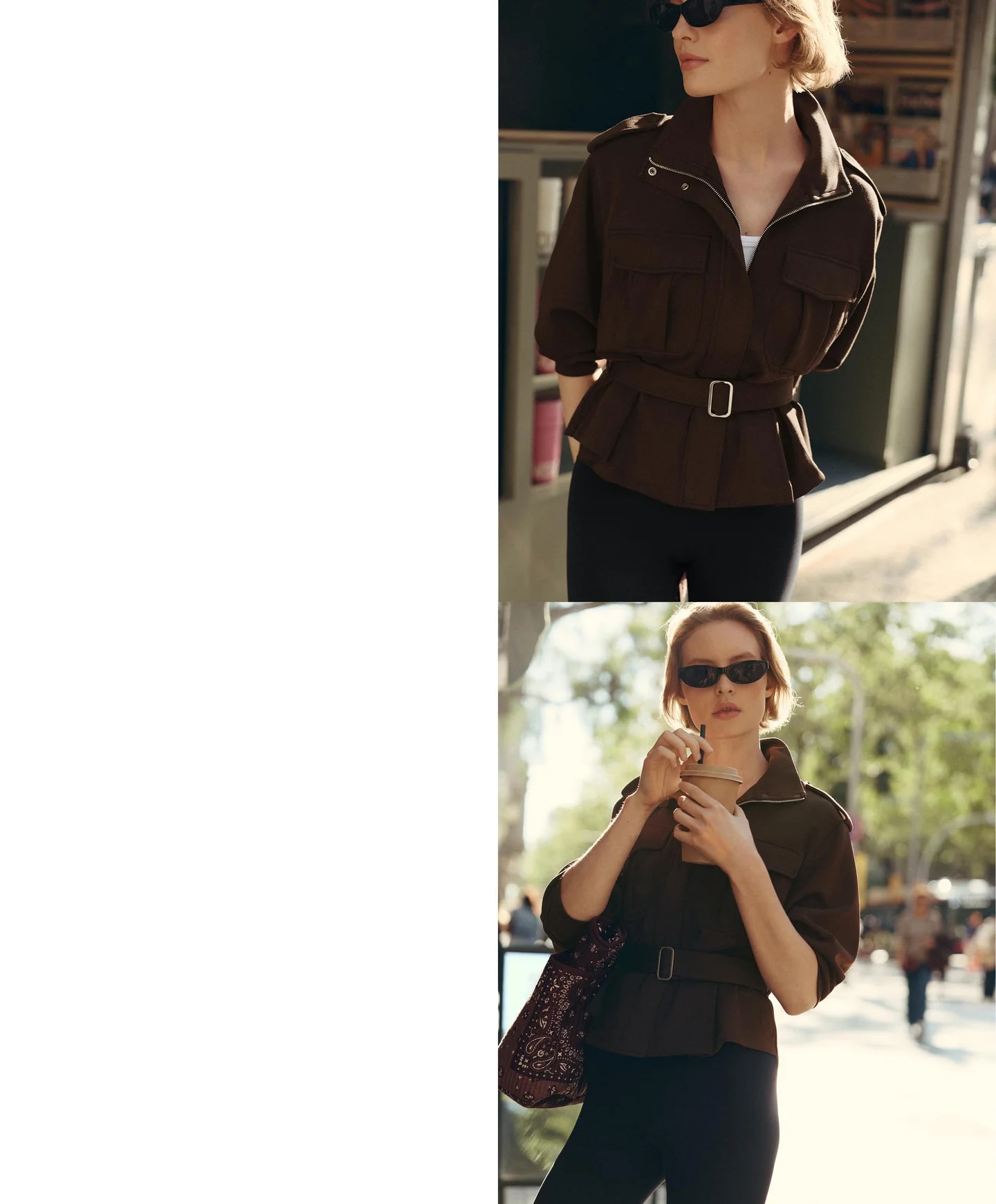 Тонкий Total Look с заниженной талией, из хлопка пике, коричневого цвета.
