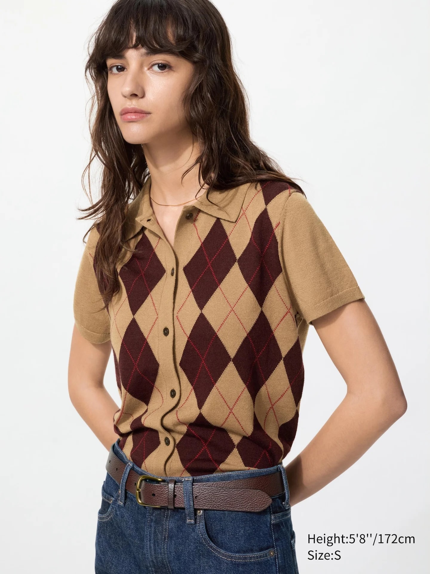 Merinowollmix Strickjacke (Polokragen, Kurzarm, kariert)